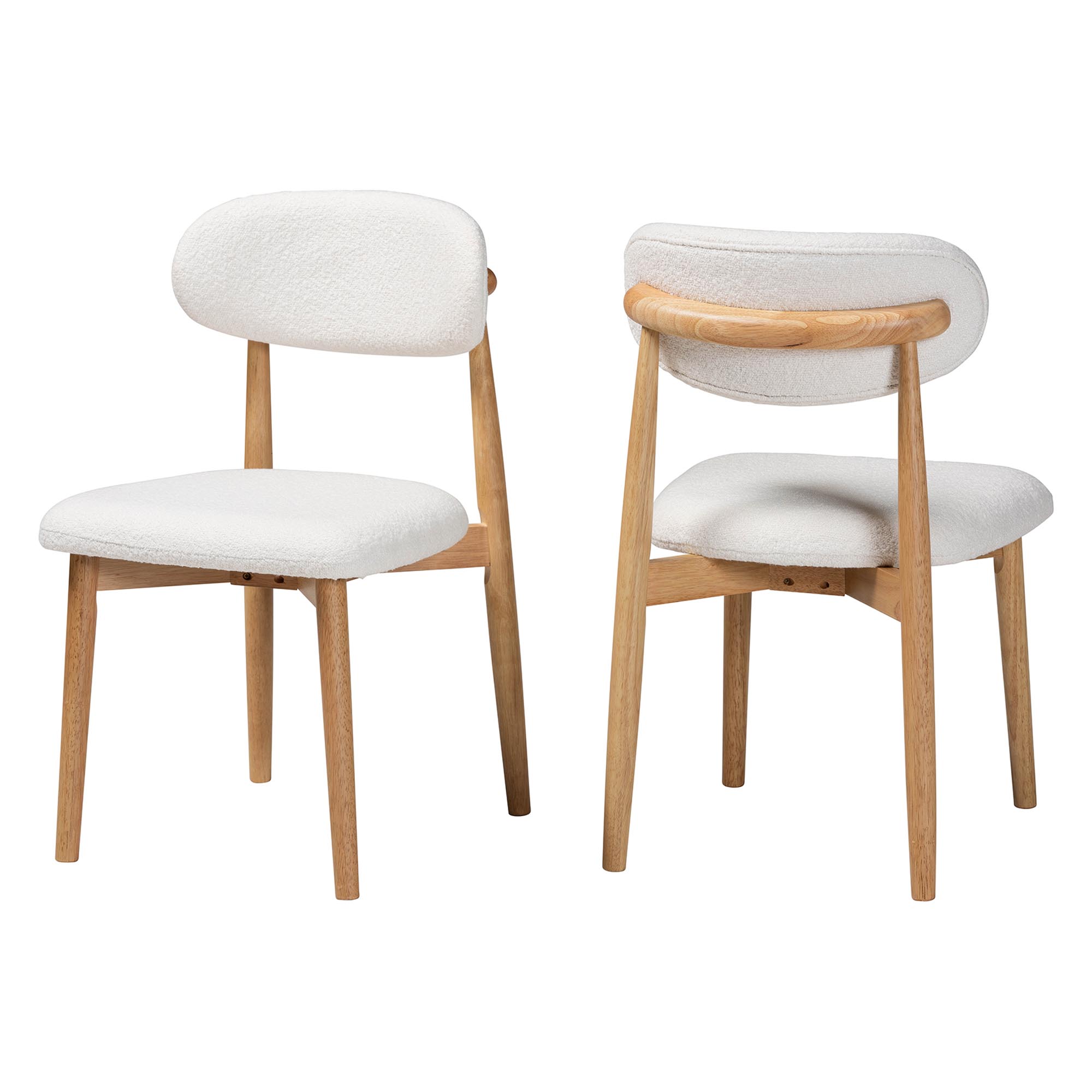 Baxton Studio Wattsu Boucle Upholstered Dining Chair Set of 2- Mid-Century Modern Side Chair with Solid Wood Frame and Rounded Backrest, Natural and White